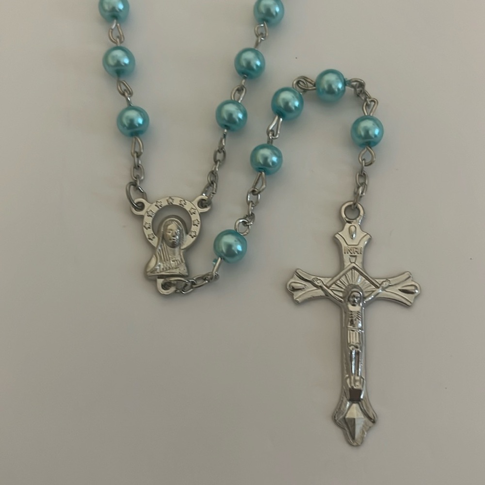 Catholic Aqua Blue Glass Pearl Traditional Rosary Beads